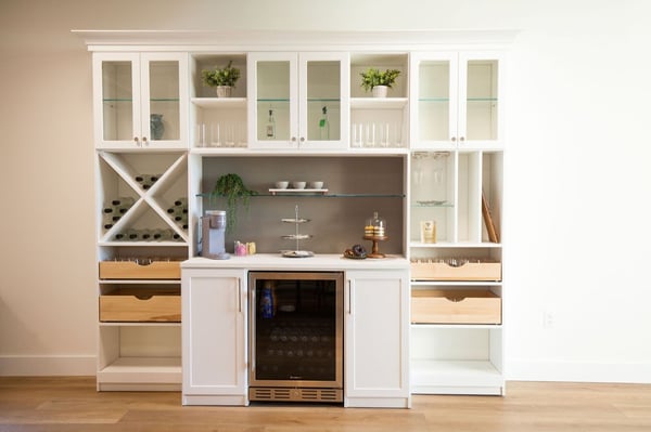 Pantry Storage System with Wine Fridge and Bottle Storage Custom Pantry Storage System with Wine Fridge, Wine Storage, Glass Shelves, and Scoop Drawers by California Closets of Philadelphia and Delaware