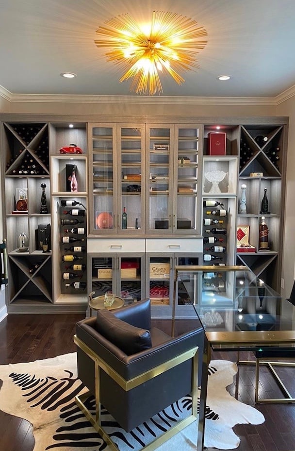 Custom Wine Bar Custom Wine Bar Custom with built-in wood cabinetry, glass cabinets , X-style wine racks, integrated lighting