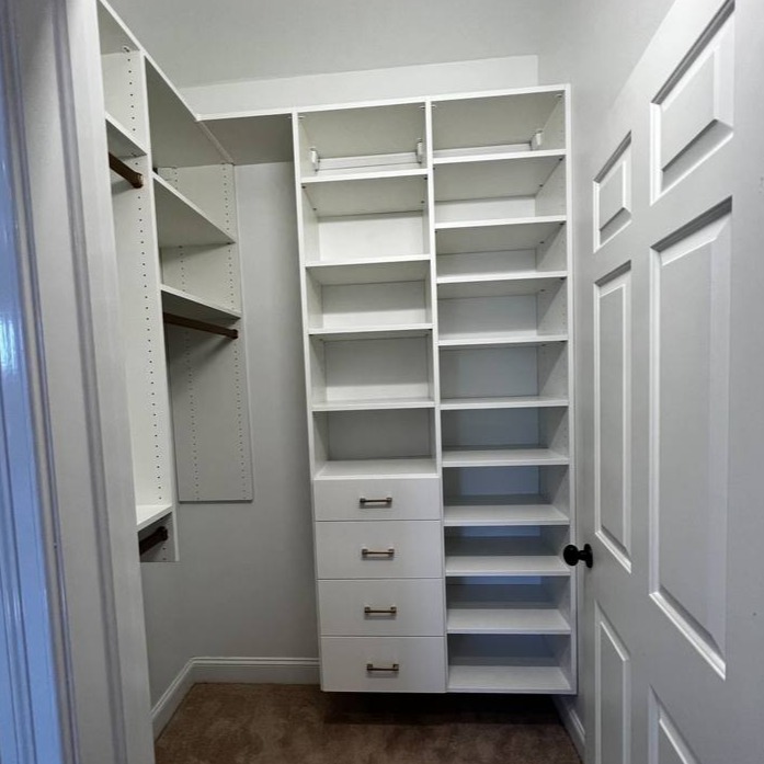 Shadow Black Walk-In Closet Greensboro - Custom closets - White walk-in closet with shelves and drawers