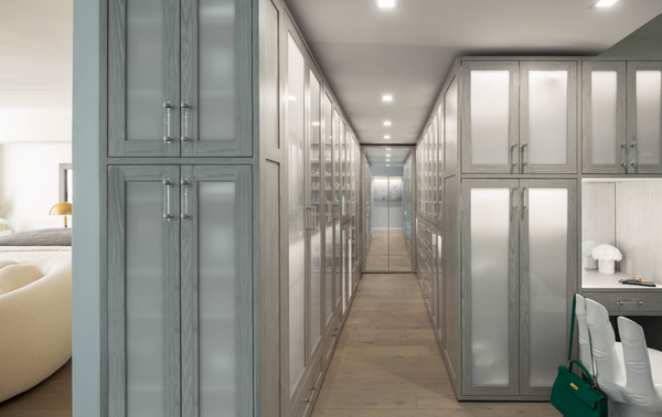 Modern Wardrobe Closet full room wardrobe, closed cabinetry with shaker doors with frosted glass inserts, LED lighting throughout closet, mirrored doors in the middle of the closet with shoe storage behind, vanity Tribeca New York City