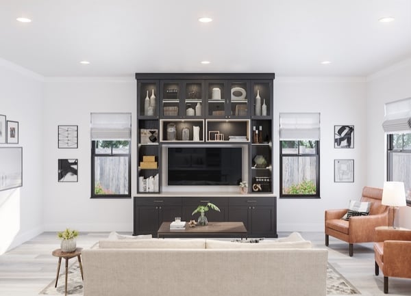 Entertainment center with custom built-in cabinetry, open shelving, integrated lighting and TV storage in a modern living room.
