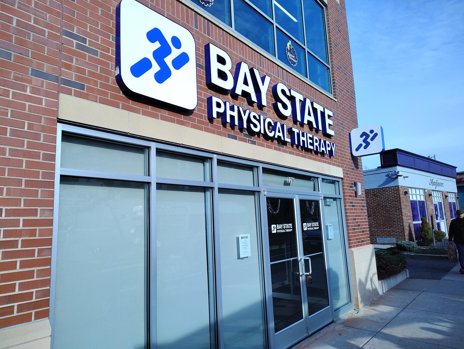 Allston MA Bay State PT Clinic Front of Building - logo and front door.