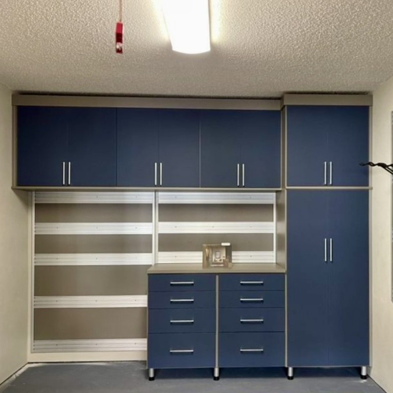 Garage Storage Matte blue cabinets for garage storage with fusion-track wall California Closets Baldwin County & Mobile