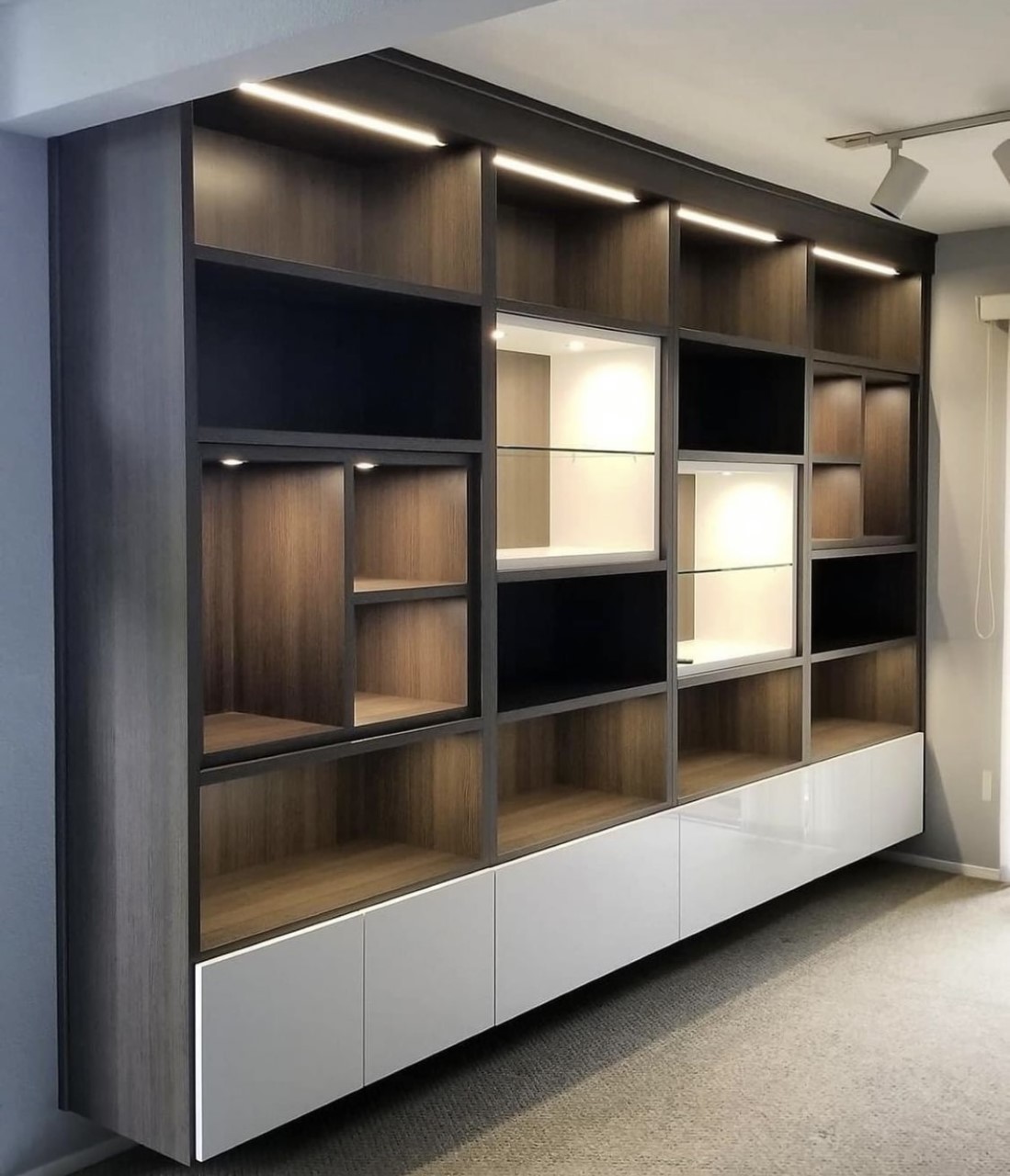 Dark bookcase with lighting Custom built and locally made bookcase