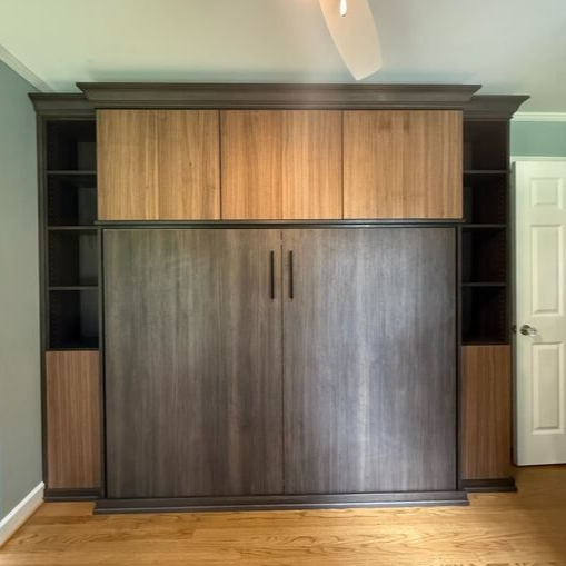 A Masterpiece in Motion Virginia Beach – Wall bed – Two-tone wall bed system with open shelving and upper storage cabinets
