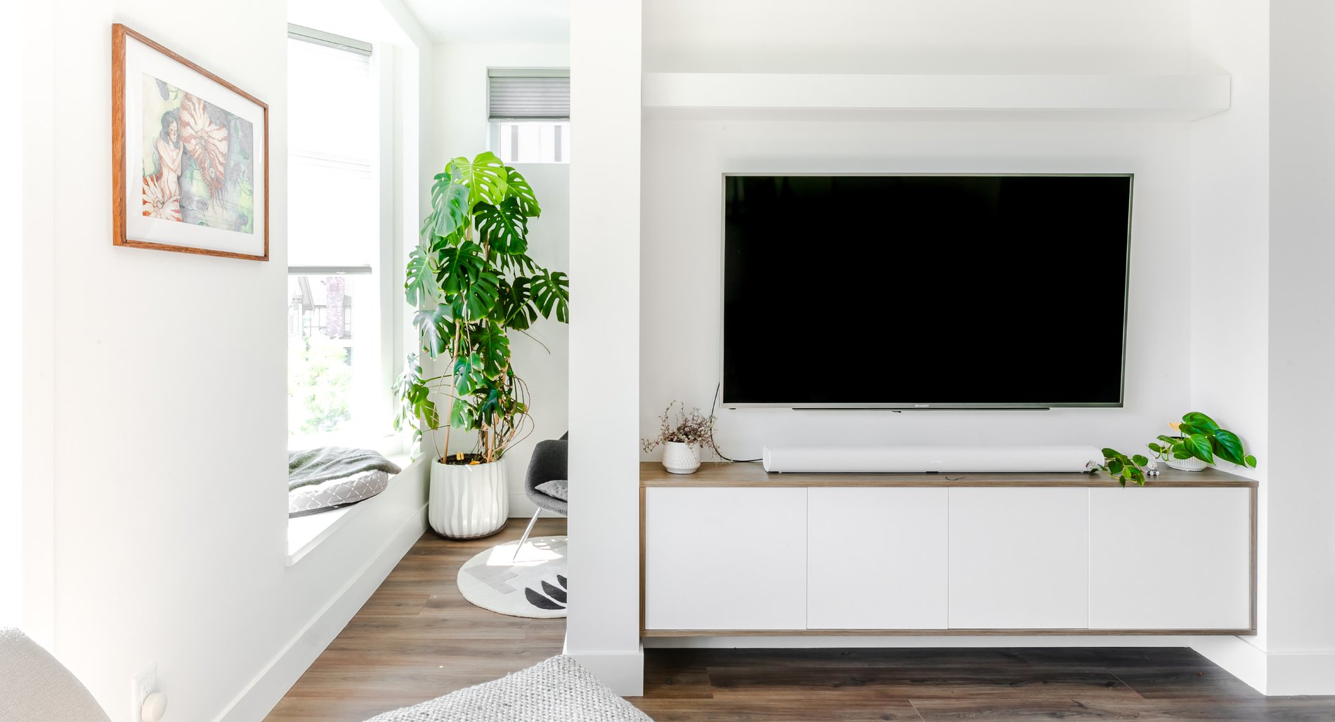 Floating Media Centre floating media centre installed in an alcove by California Closets Vancouver, British Columbia.