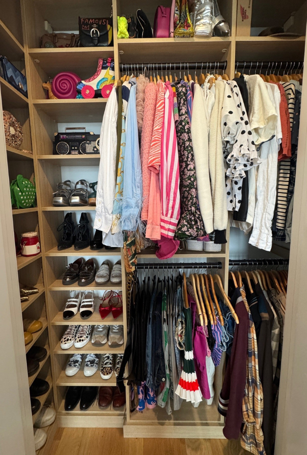 Custom Reach-in Closet California Closets New York City small reach in closet organization custom closet with shelving and double hanging purse organization shoe organization custom closet custom reach in wood closet