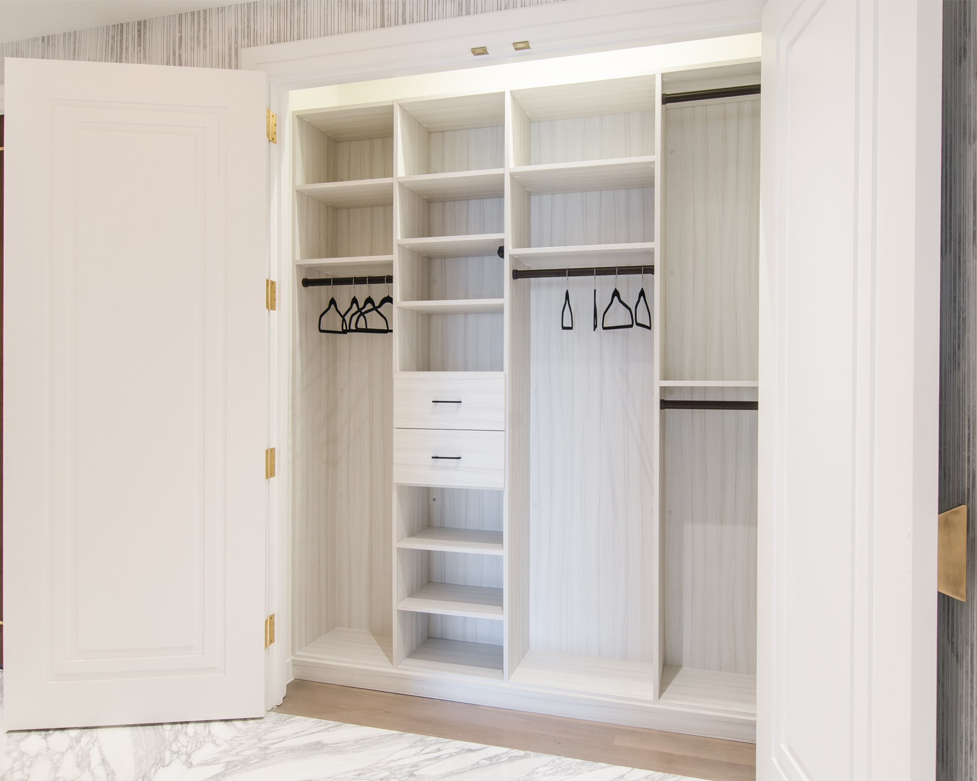 Reach-In Closet reach-in closet with double hanging and shelves