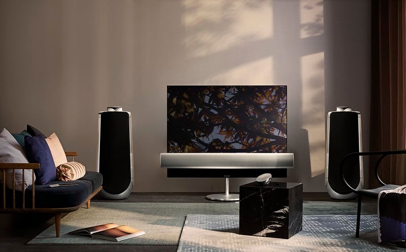 BeoVision Eclipse in a large living room with BeoLab 50 Speakers.