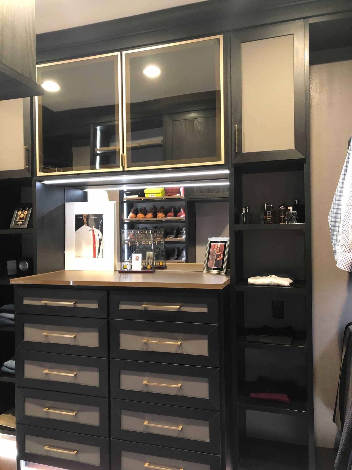 Handsome Walk-in Closet black and grey closet drawers with glass doors and mirror