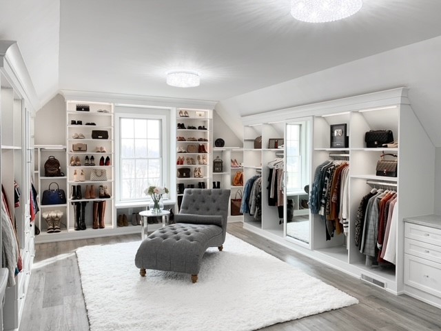 Luxe Walk In Closet Luxury walk in closet with shelving for shoes and purses.