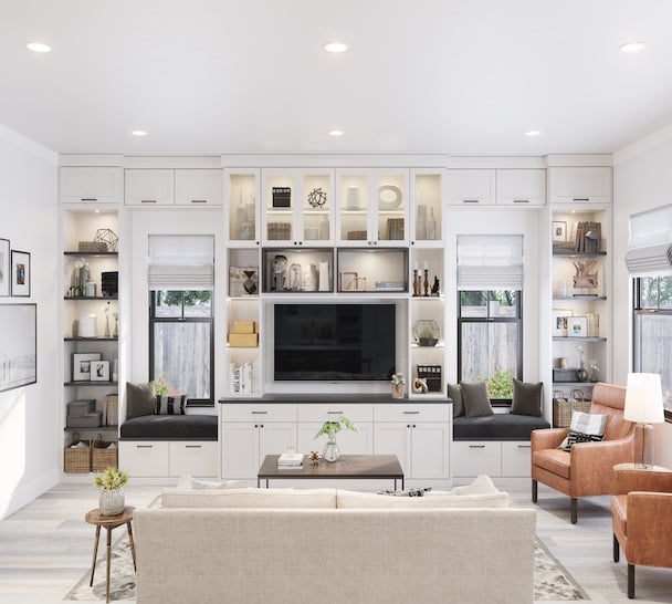 A Beautiful Place to Gather Entertainment center with custom built-in cabinetry, shelving, integrated lighting and window bench seating surrounding a TV in a modern living room. California Closets, Greater Detroit