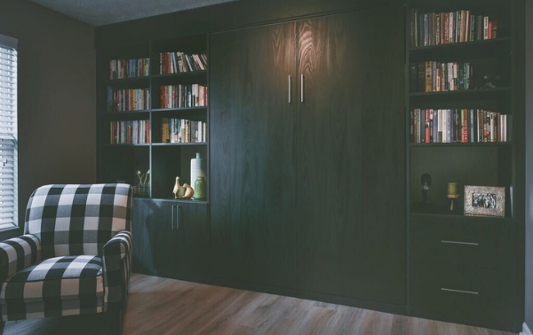 Book Shelving and Murphy Bed Custom book shelving and a hidden Murphy bed.