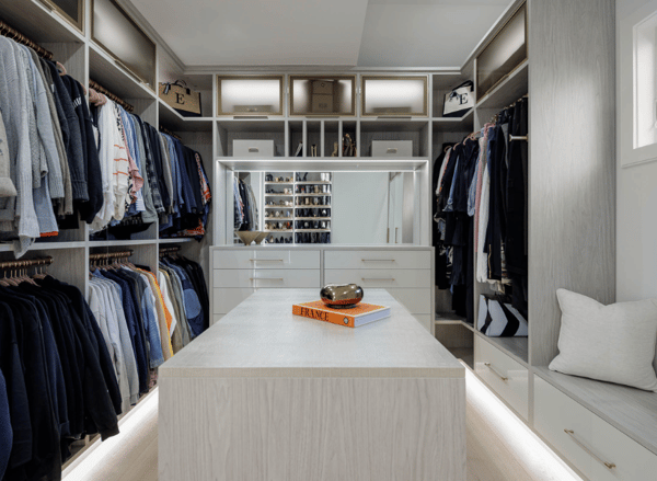 Sect 6 (6) Custom Luxury Walk in Closet Full Room Walk in Dressing Room High Gloss White Center Island with drawer storage double hanging built in vanity LED Lighting overhead storage bins glass front draws Rockland County NY Sect 6 (6) Custom Luxury Walk in Closet Full Room Walk in Dressing Room High Gloss White Center Island with drawer storage double hanging built in vanity LED Lighting overhead storage bins glass front draws Rockland County NY
