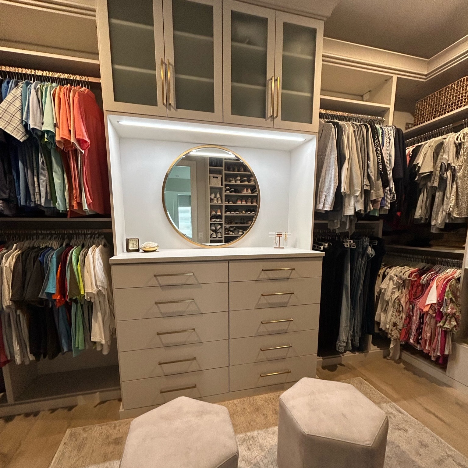 Sleek Walk-In Closet in Linen with Square Miter Doors, Frosted Glass & LED Lighting WALK IN CLOSET in LINEN with SQUARE MITER DOORS, FROSTED GLASS and LED lighting