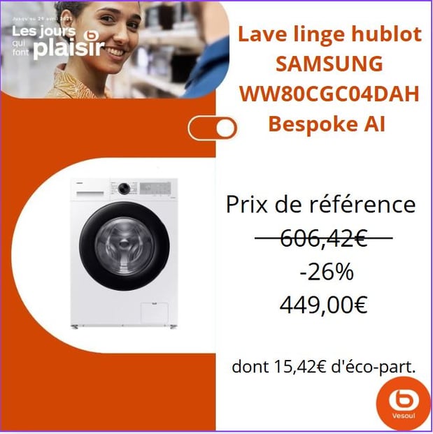 Lave linge hublot SAMSUNG WW80CGC04DAH Bespoke AI