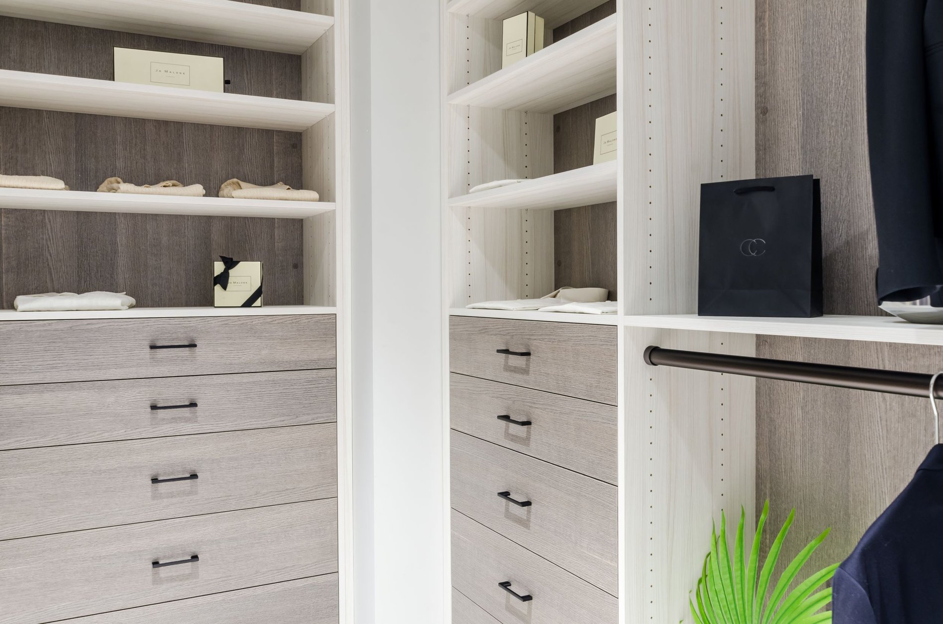 White & Gray Walk-in Closet white and gray two tone walk-in closet bronze handles hanging  and shelving california closets new york westchester