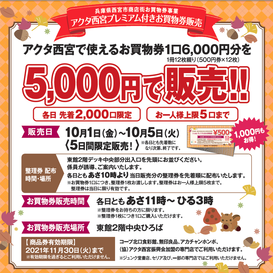 アクタ西宮でご利用いただけるお買い物券1口6,000円分(500円×12枚)を5,000円にて販売いたします!