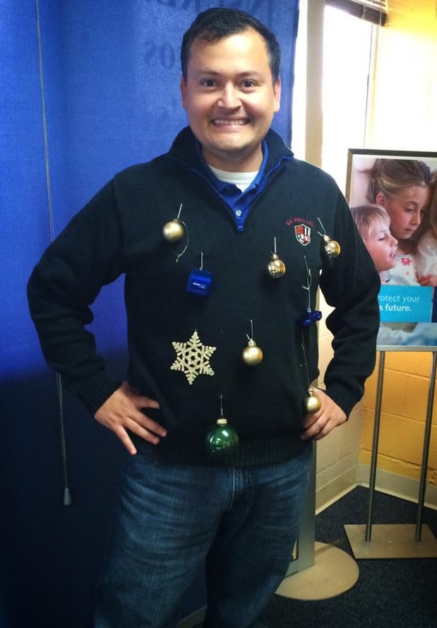 Monte's best attempt at an ugly Christmas sweater.