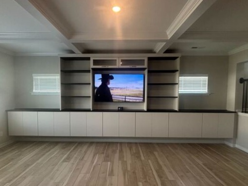 Luxe pantry storage Greensboro - Custom closets - media center with custom cabinets and shelves surrounding the TV