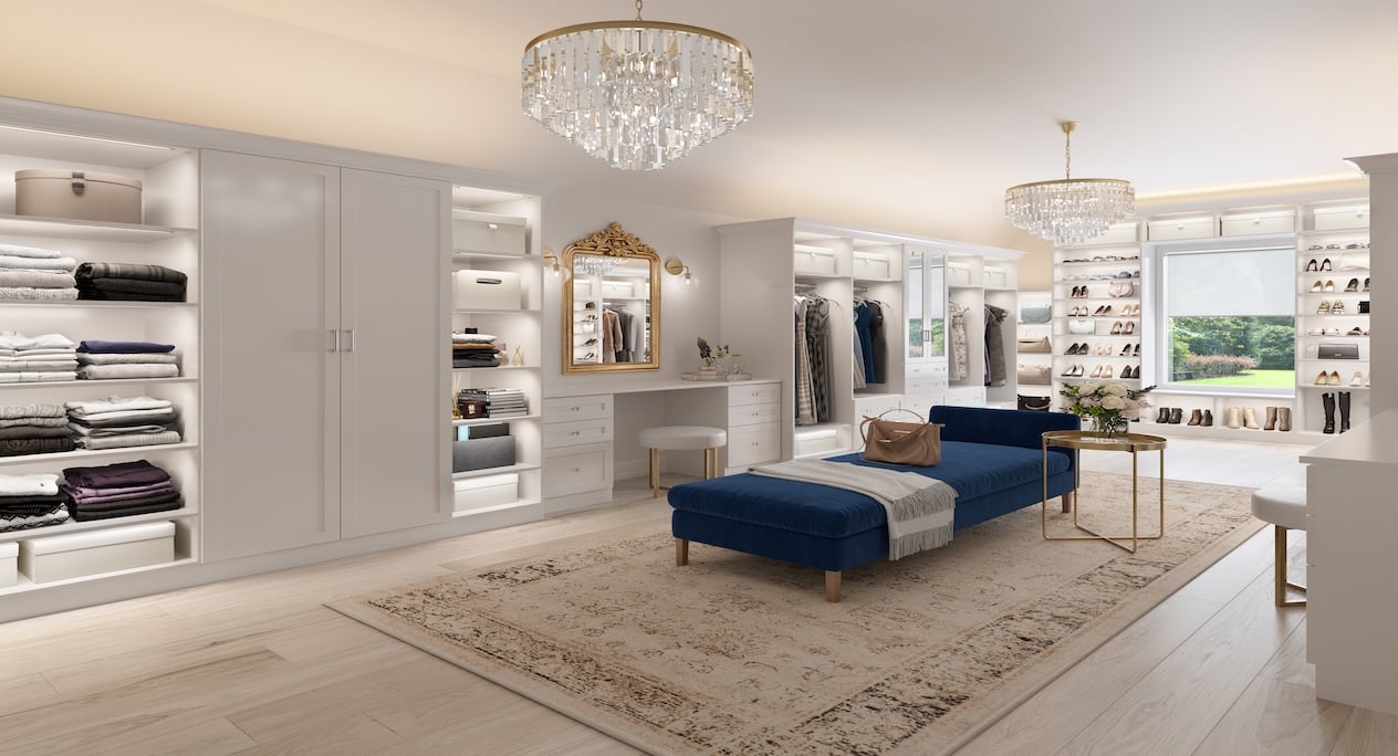 The Ultimate Dressing Room Walk-in closet with custom closet organization, shoe storage, built-in drawers, vanity, wardrobe cabinets and integrated lighting.