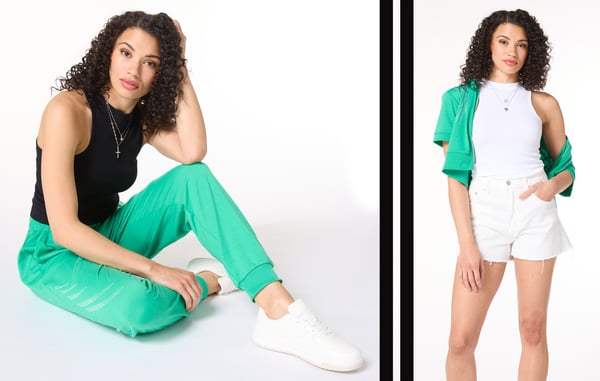 Models are wearing green and white athleisure outfits with gold and silver layered jewelry.