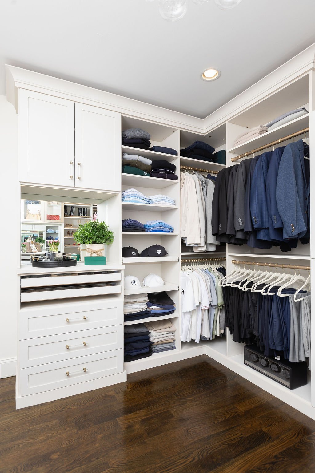 Custom Men's Walk-In Closet Custom white men's walk-in closet with pull-out shelves, double hanging and drawers.