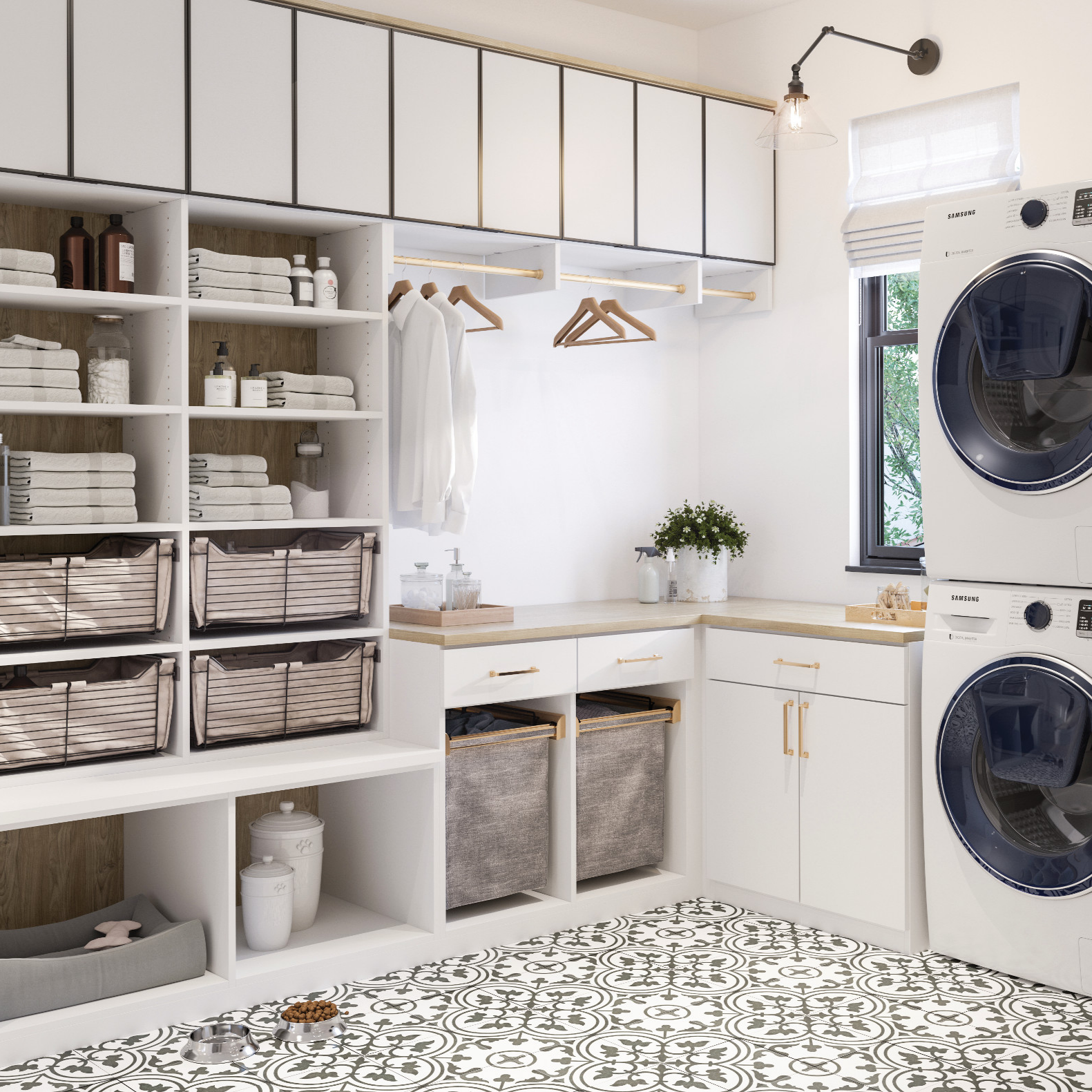 Light and Bright Laundry Room Light laundry room with shelves, baskets, countertop, and cabinets.
