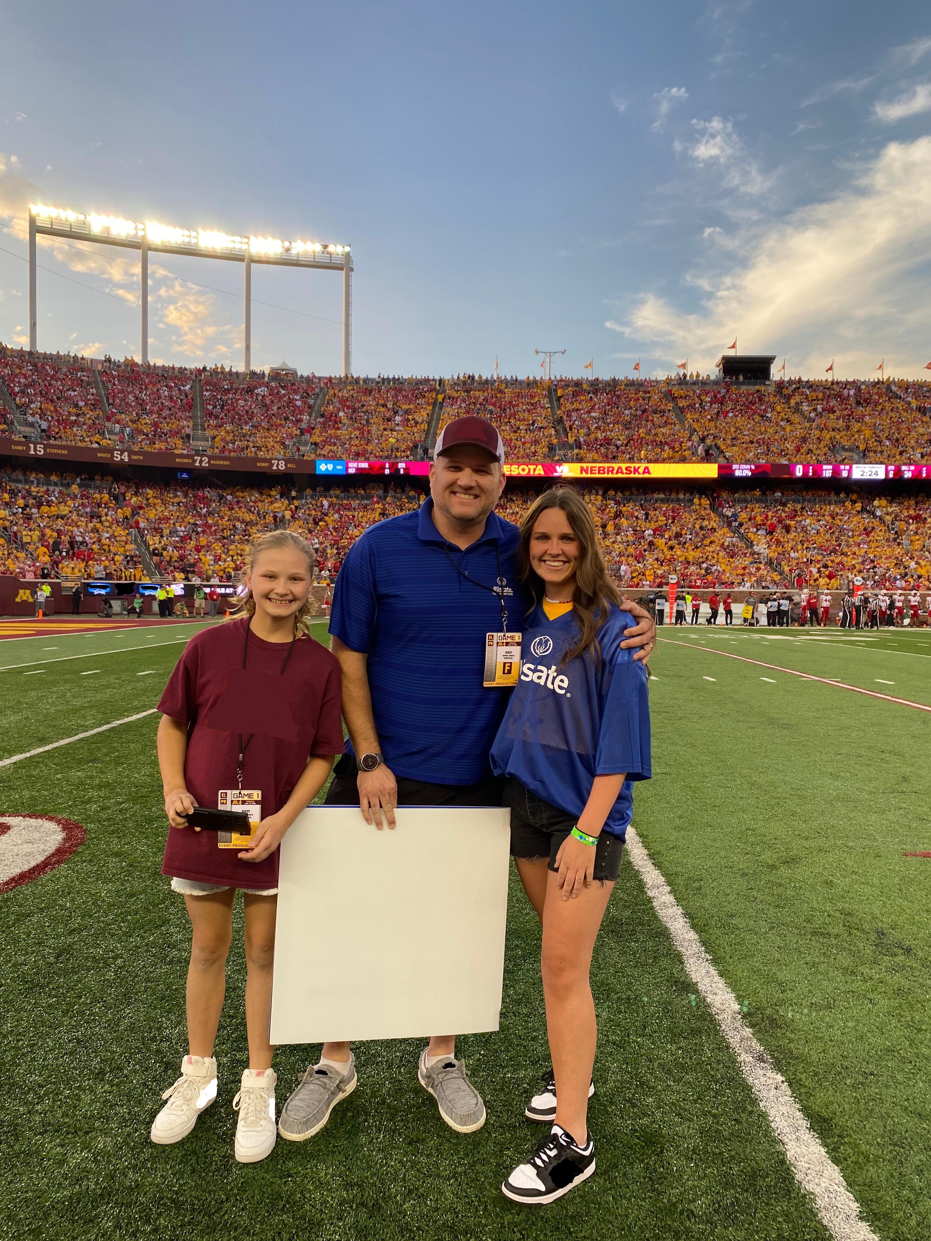 Allstate Good Hands kick promo for $1,000 at Minnesota Gopher football game.
