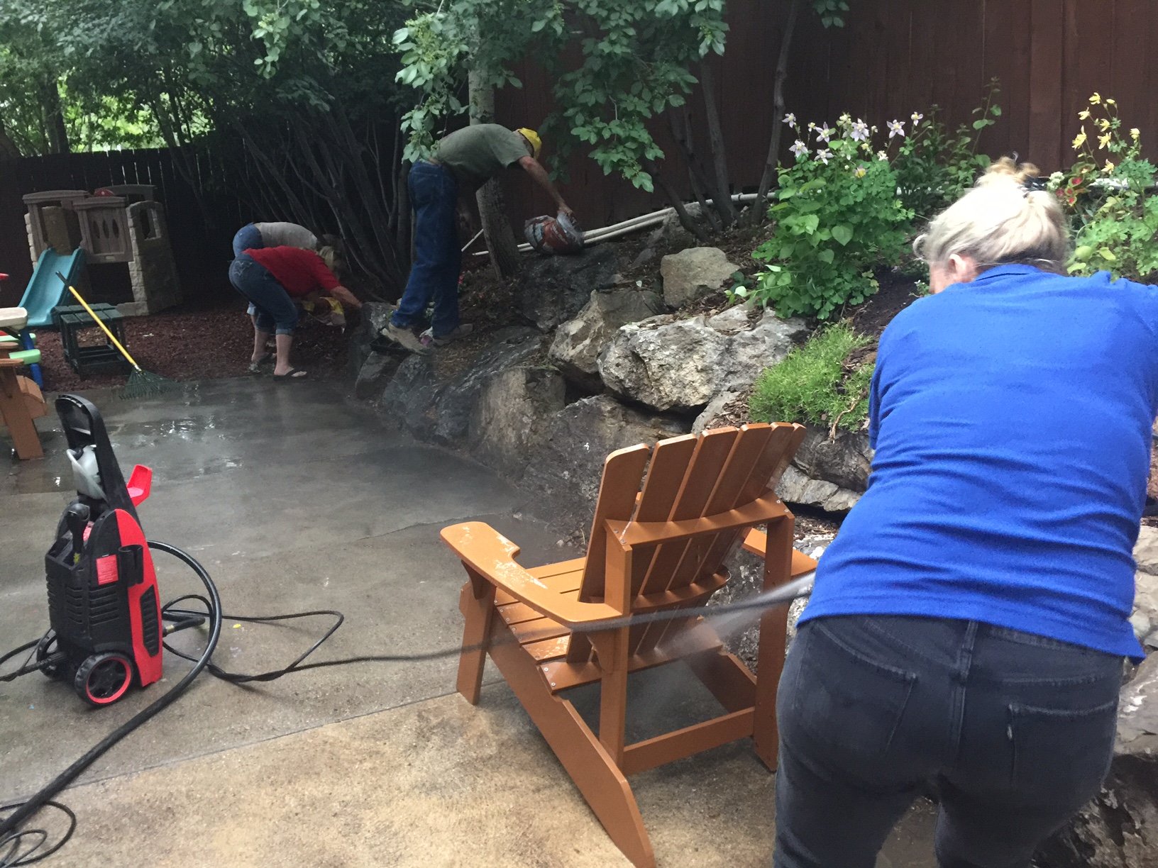We purchased, transported and placed 70 bags of mulch, 15 bags of sandbox sand, and several flats of plants and flowers.