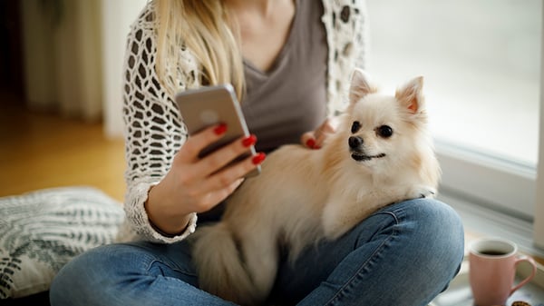 Woman holding a photo with a dog on her lap.