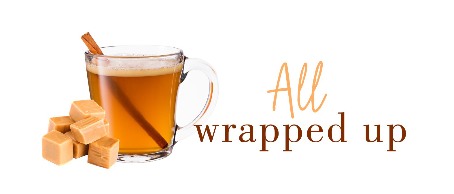 All wrapped up logo, bourbon glass and caramel cubes