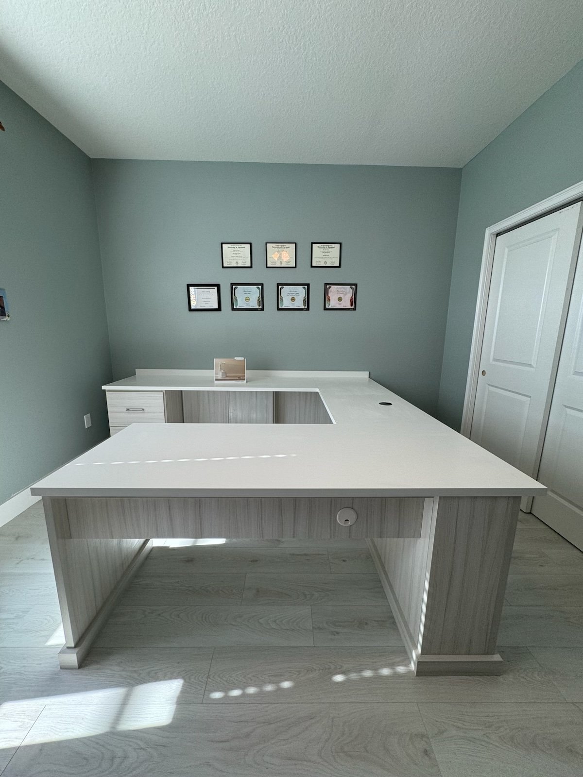 Custom Office Desk with Tuscan Moon & Washed White Finish: Designed for Productivity and Comfort Office desk in Tuscan moon and washed white. Wire management and countertop overhangs.