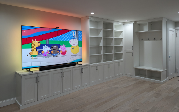 White Multi-functional Entertainment Center California Closets Long Island New York white custom entertainment center white media center mudroom cabinet luxury closets custom cabinets built in entertainment center bookshelf storage