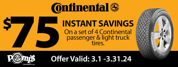 Save $75 instantly when you purchase a set of 4 Continental passenger or light truck tires. Offer valid 3/1/24 - 3/31/2024. See store for more details.