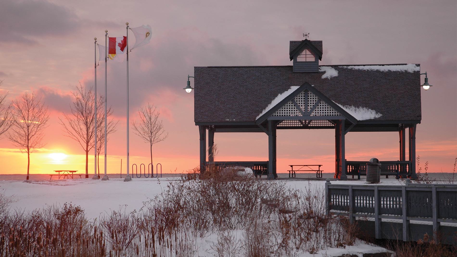 Winter sunrise in a park.