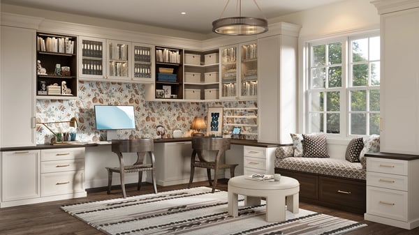 Home office with tan cabinets and gold hardware by California Closets Buffalo and Rochester, New York.