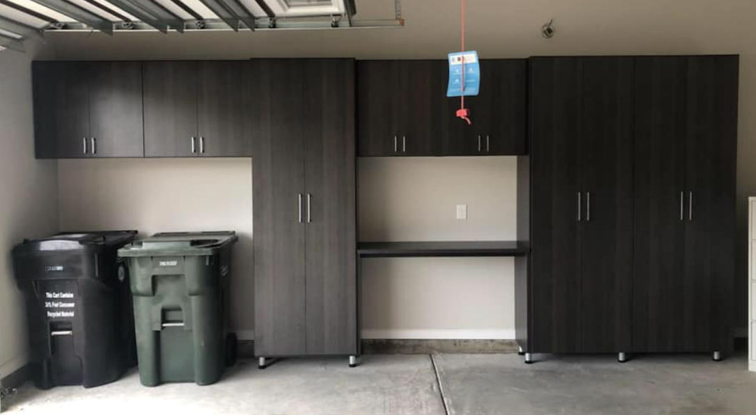 Custom Garage Storage Shadow black garage system with trash can storage