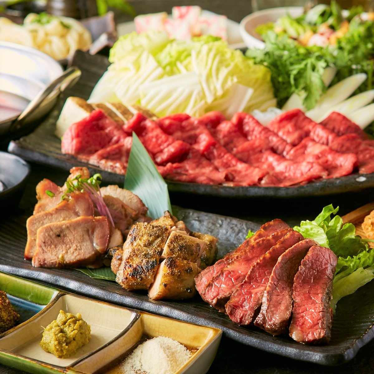 ■絢爛■贅沢5種肉盛り堪能!!4種選べる豪華鍋・刺身5種付き!豪華絢爛【3時間飲み放題付】9品 4980円