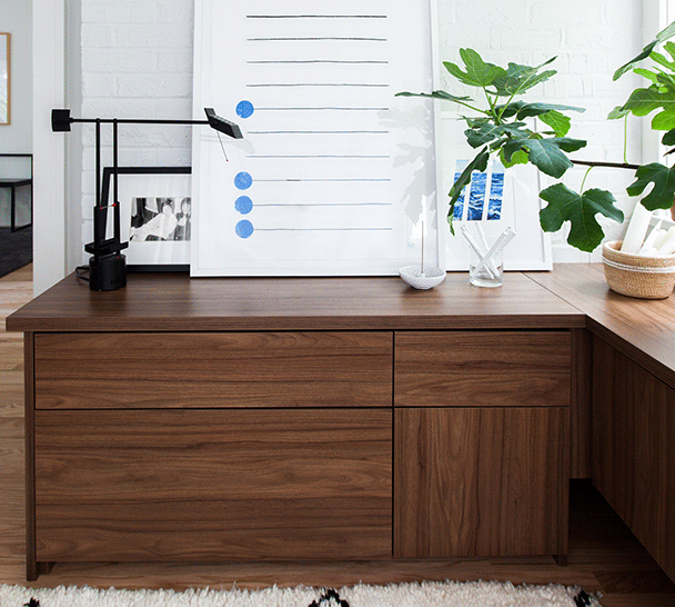 Sleek home office desk Brown work desk storage with pull out drawers