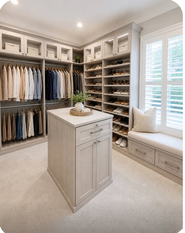 Walk in custom closet Walk in custom closet with lighting, island, closed upper storage and a bench under the window.