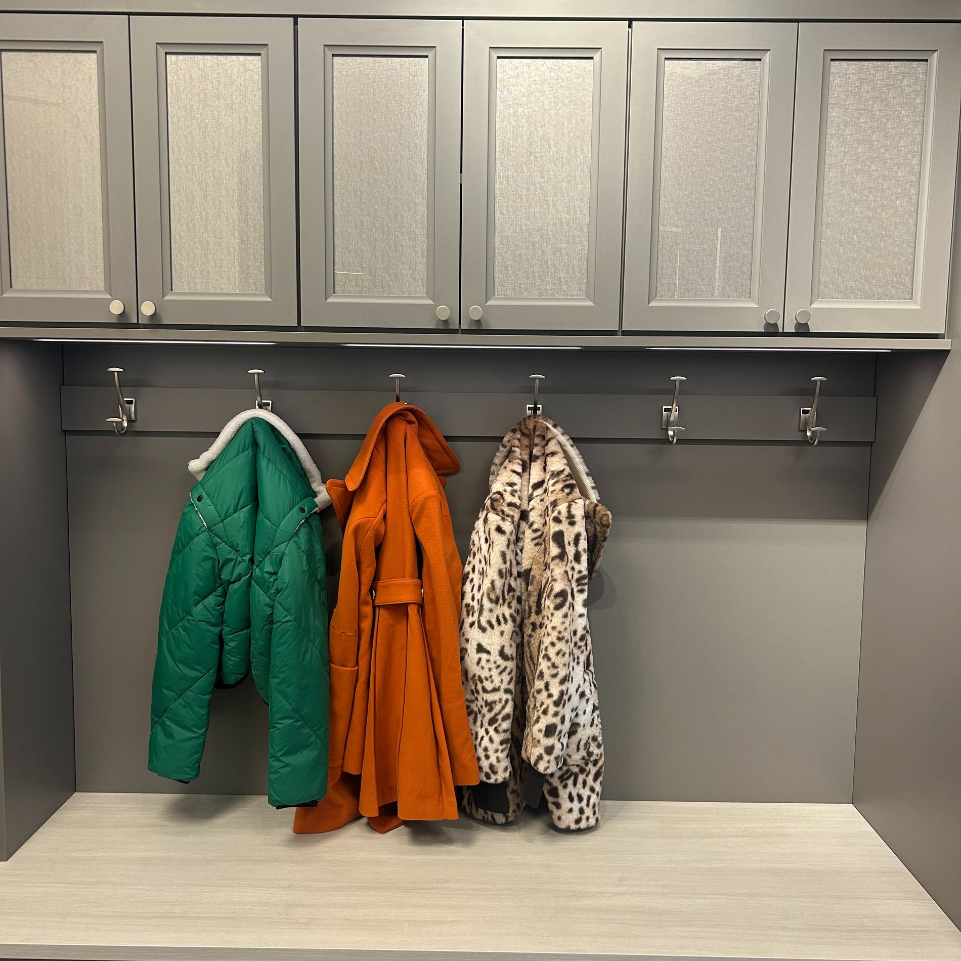 Mudroom Storage Mudroom storage with a bench and coat hooks.