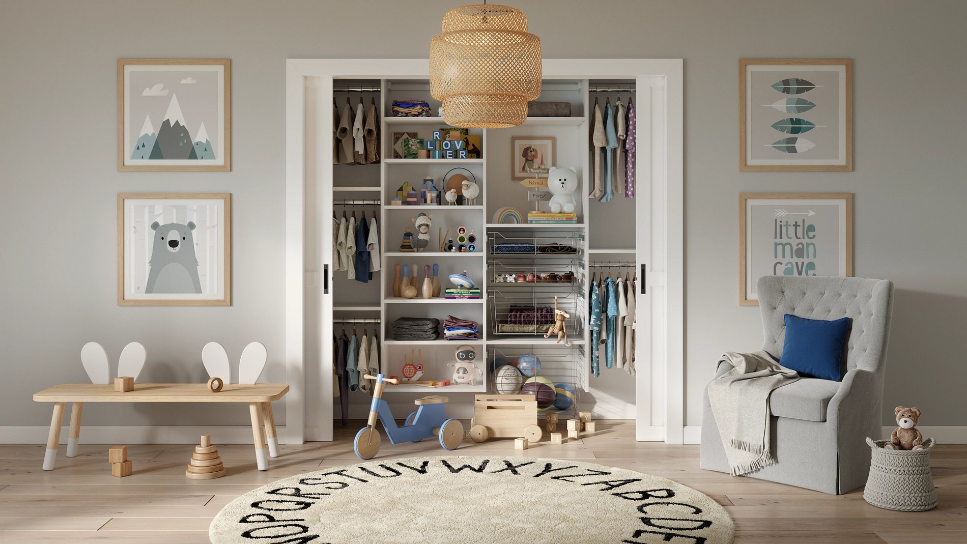 Nursery Reach-In Closet White finish reach-in nursery closet with baskets and multi-level hanging by California Closets Greenwich, Connecticut.