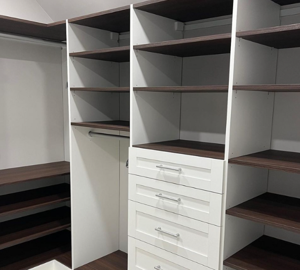 White and Brown Custom Closet Shelving California Closets Westchester County NY designer closets white and brown walk in closet custom closet systems closet design closet ideas bedroom storage (2)