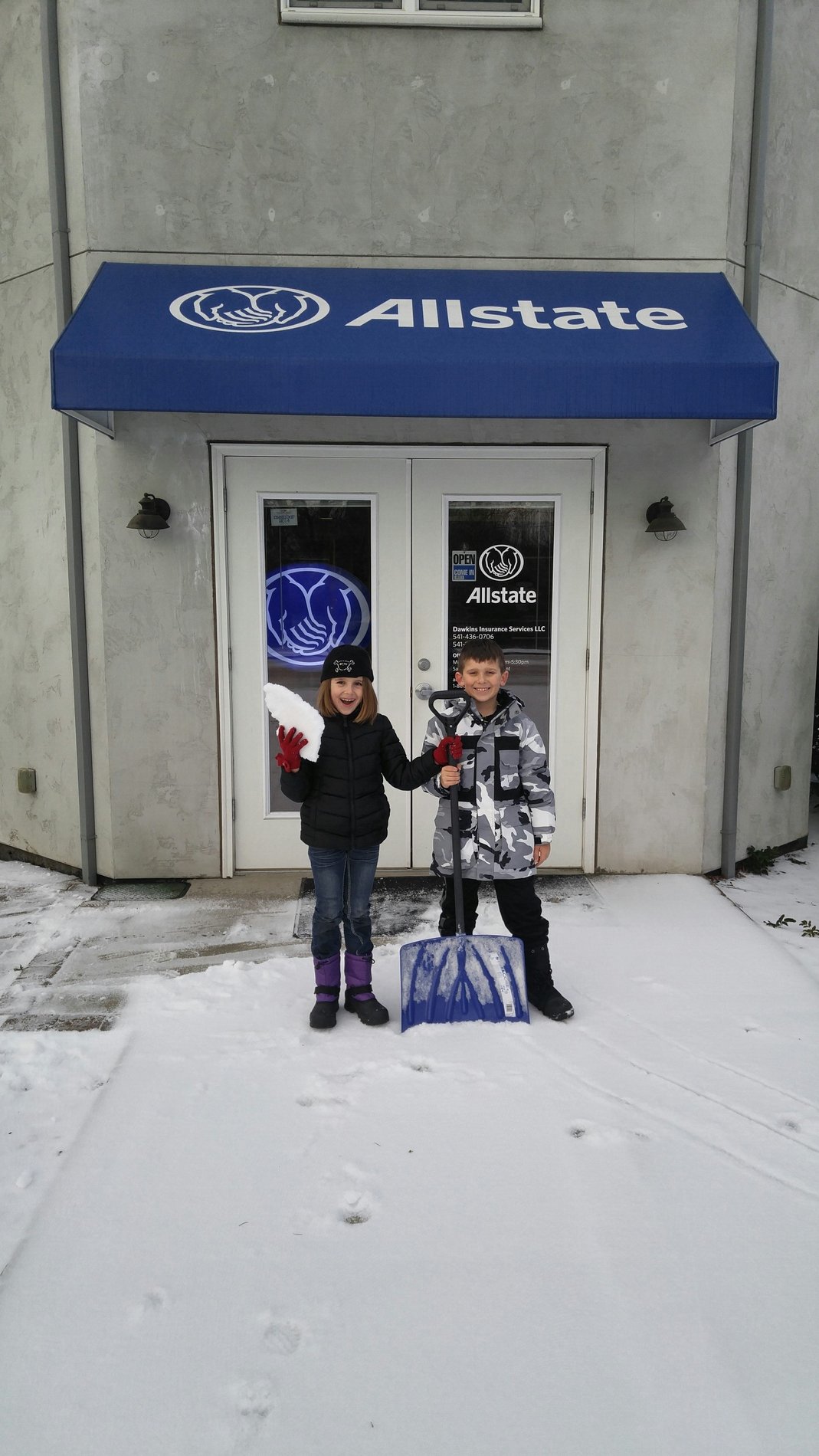 Snow day at Hood River Allstate. Putting the kids to work!