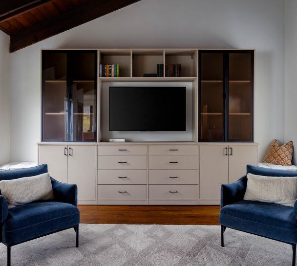 Modern Media Center Img -7 California Closets Westchester county New York Custom Beige Media Center with Glass Bronze Doors and Drawers to house media supplies and ugly wiring