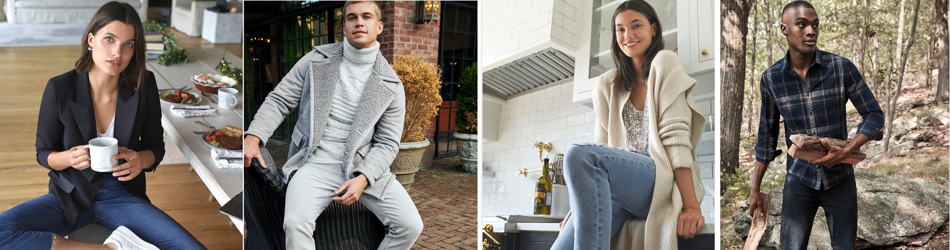 Women and men wearing Express shirts, sweaters and jeans.