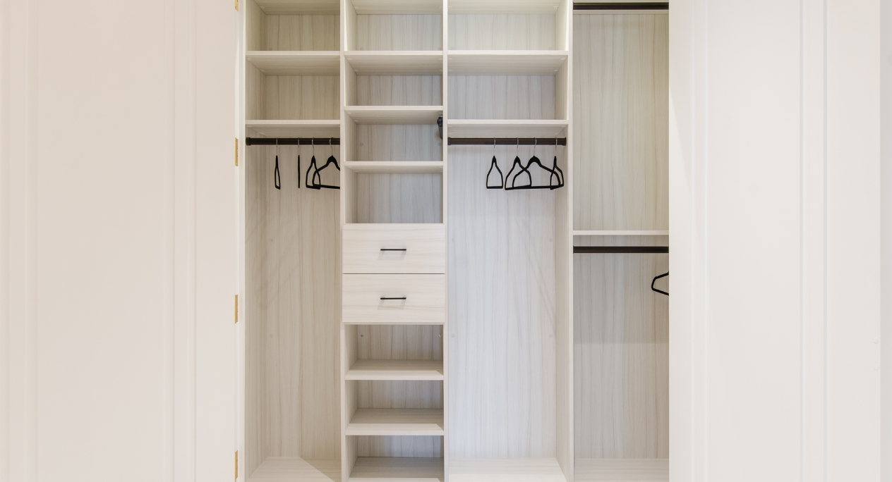 Chic White Reach-in Closet California Closets New York NY White Reach-in Closet with Shelving, Hanging, and Black Hanging Rods