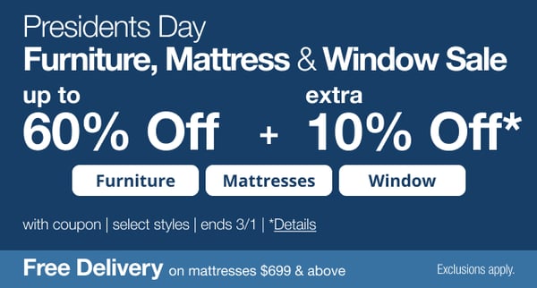 Save up to 60% off plus an extra 10% off during JCPenney's Presidents Day Furniture, Mattress, & Window Sale
