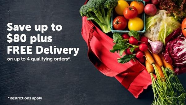 Bag of fresh vegetables. "Save up to $80 plus FREE Delivery on up to 4 qualifying orders. Restrictions Apply"